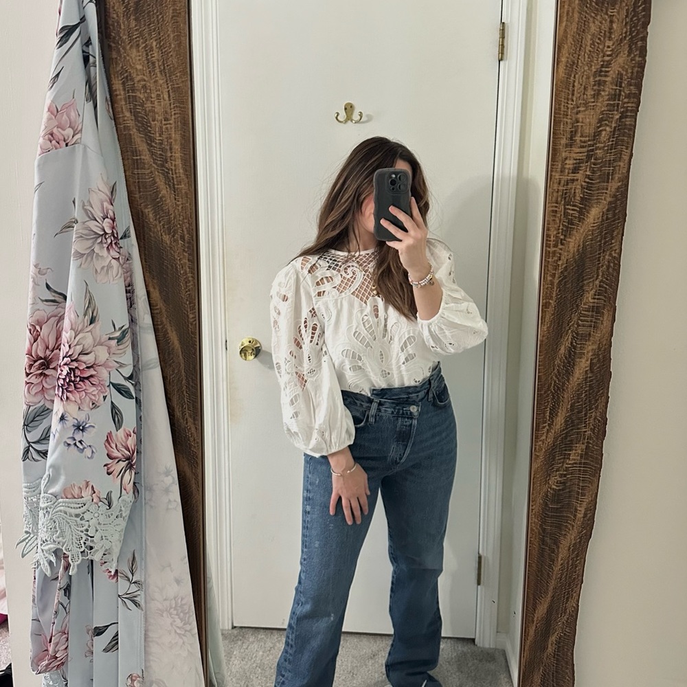 BNWT EXPRESS Embroidered Crochet Puff Sleeve Top